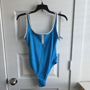 Aerie Wide Rib Henley Cheeky One Piece Swimsuit Elite Blue Small G205